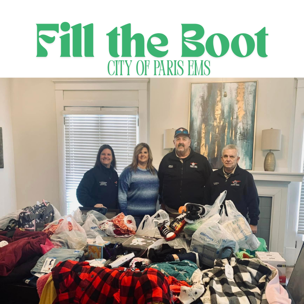 A big thank you to City of Paris EMS  for donating so many much needed items that will go to our children in foster  care. Paris EMS “Fill the Boot” is a project that directly impacts local  nonprofit agencies. The Rainbow Room works with our  partner agencies to provide emergency assistance when children are removed from  their home and placed with relatives or outside placement.      